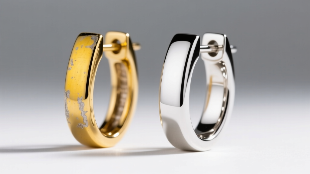 Comparison showing a yellowing white gold bar earring missing rhodium plating next to a freshly replated bright white piece