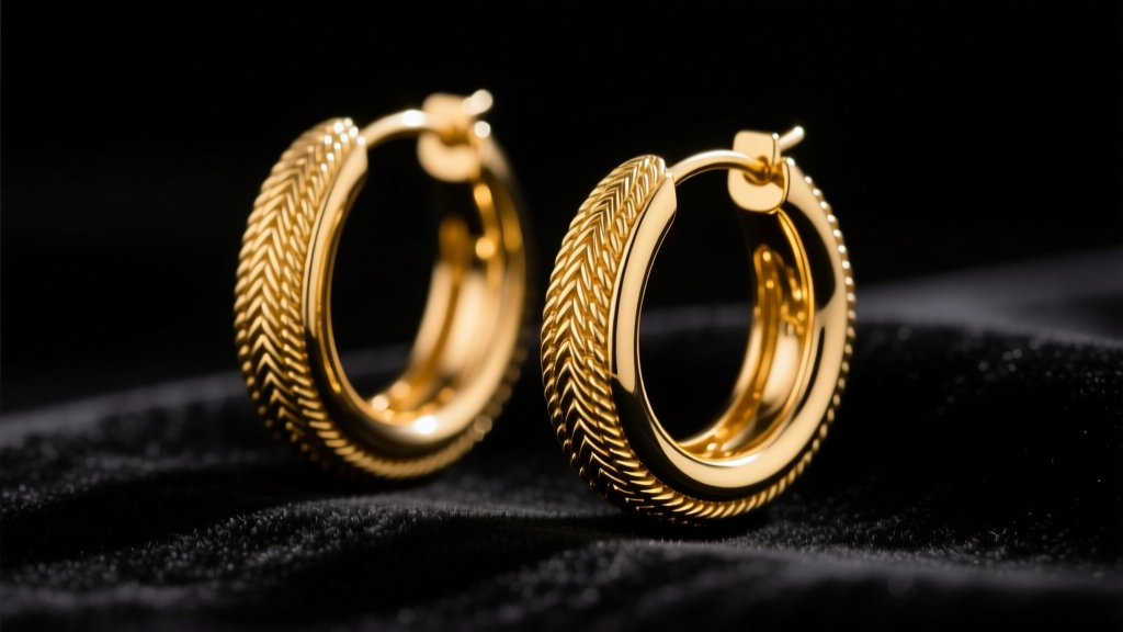 Macro shot of thick 18k yellow gold hoop earrings with intricate milgrain edges resting on dark velvet under dramatic, moody studio lighting