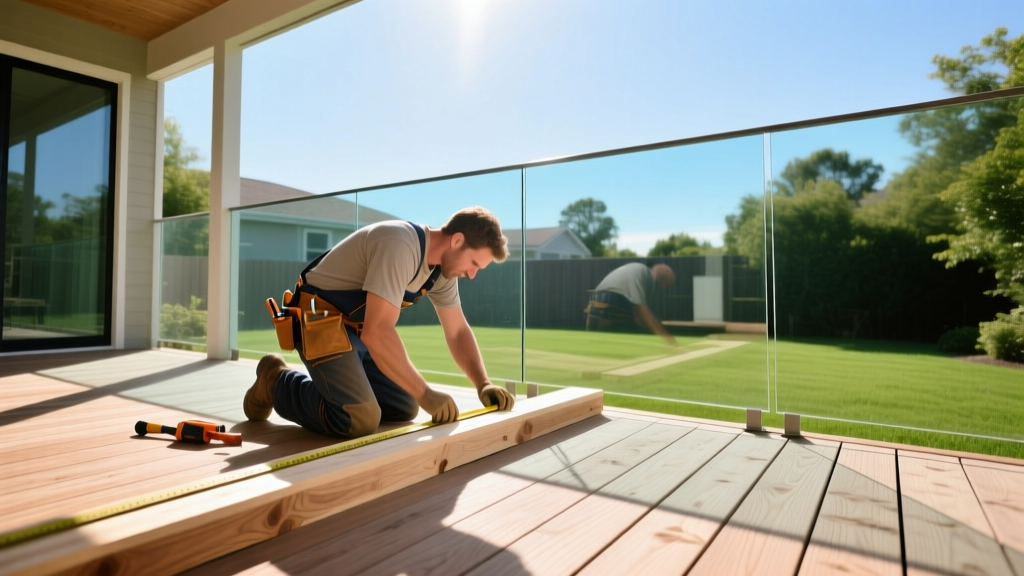 Carpenter measuring treated lumber framing for a composite deck in a sunny suburban backyard with modern glass railings.