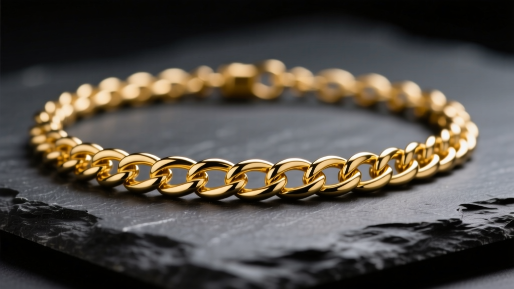 Macro shot of a 14k yellow gold cable chain necklace on dark slate, illuminated by soft, directional studio lighting.