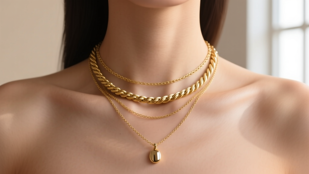 Close-up of collarbone with three layered gold necklaces, a delicate cable chain and thick rope chain, soft studio lighting.