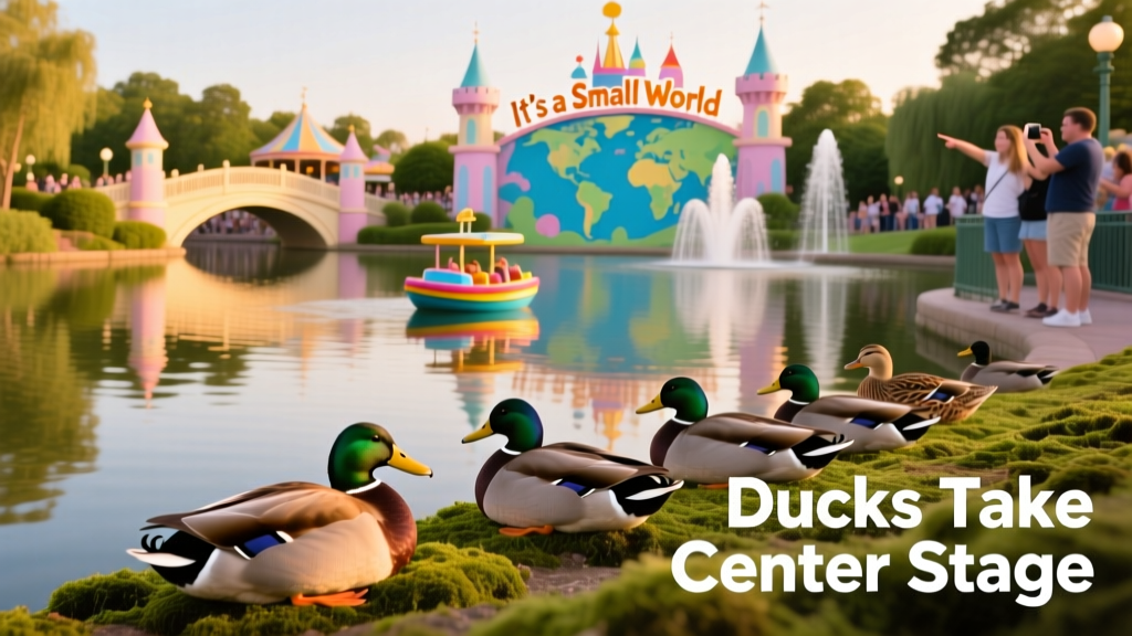 A group of Mallard ducks resting near a peaceful lagoon at Disneyland, with park architecture visible in the background