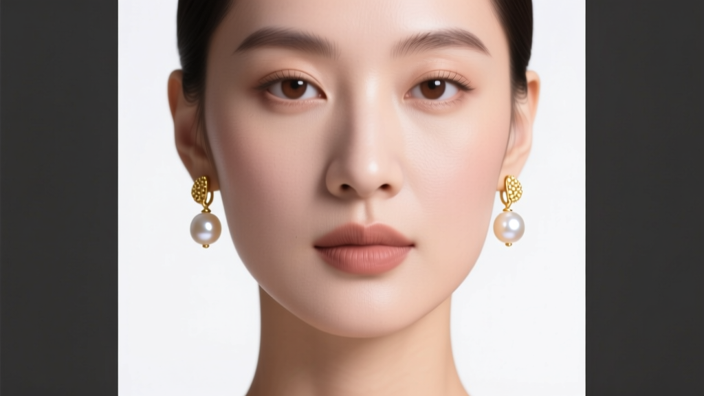 Close-up portrait of a woman wearing delicate 14k gold short dangle earrings with small baroque pearls, soft studio lighting.