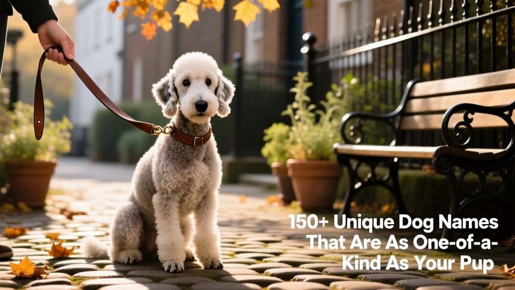 bedlington terrier on a leash sitting