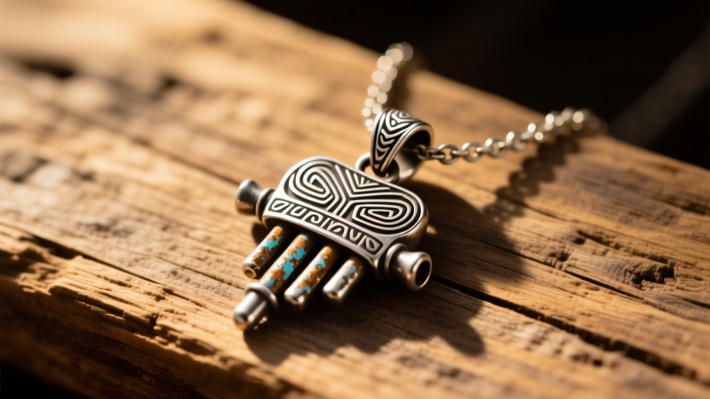 Tarnished sterling silver kokopelli necklace pendant resting on a rustic wooden surface under warm, directional lighting, close-up.