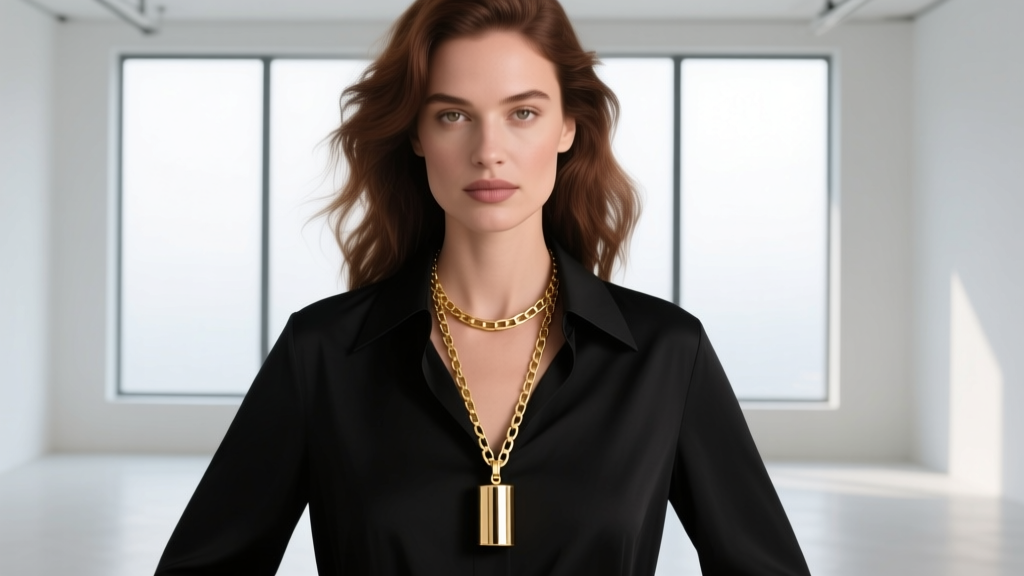 A woman wearing a 28-inch gold vermeil box chain with a cylindrical breathing pendant resting perfectly at her sternum.
