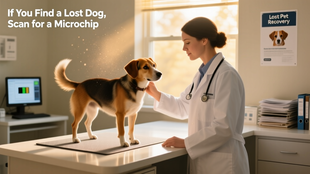 A veterinarian scanning a calm dog for a microchip at a clinic desk