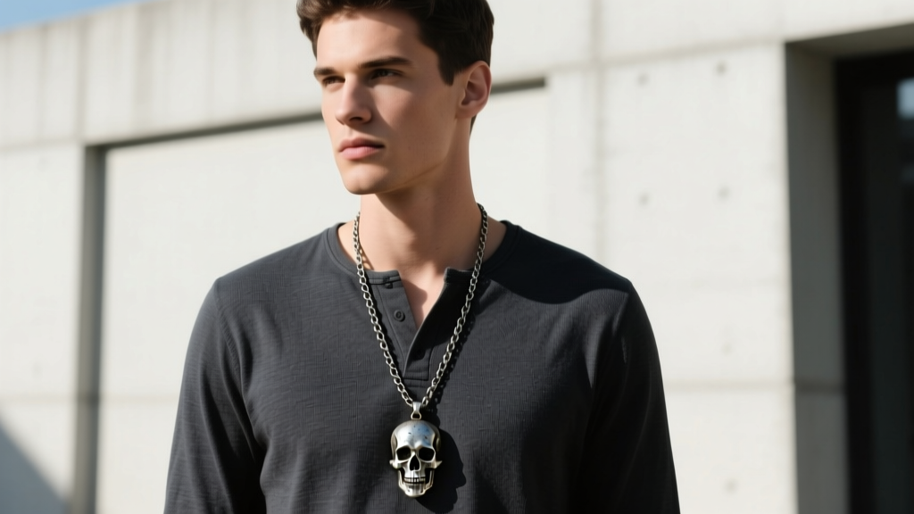 Male model wearing an oxidized silver skull pendant on a long curb chain over a dark charcoal henley shirt in daylight.