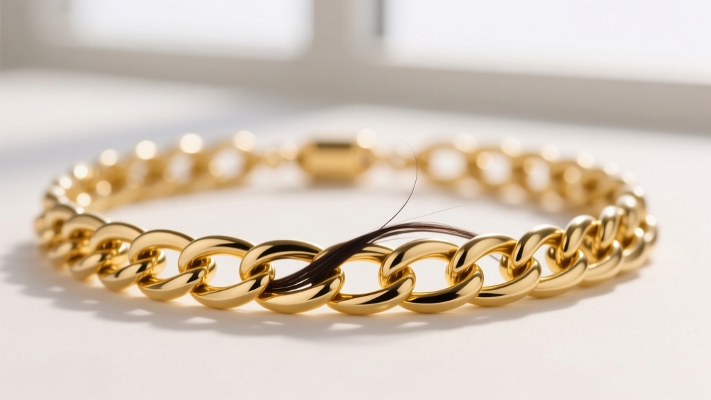 Macro photo of a delicate 14k yellow gold cable chain necklace with a dark hair strand tangled in the microscopic link gaps