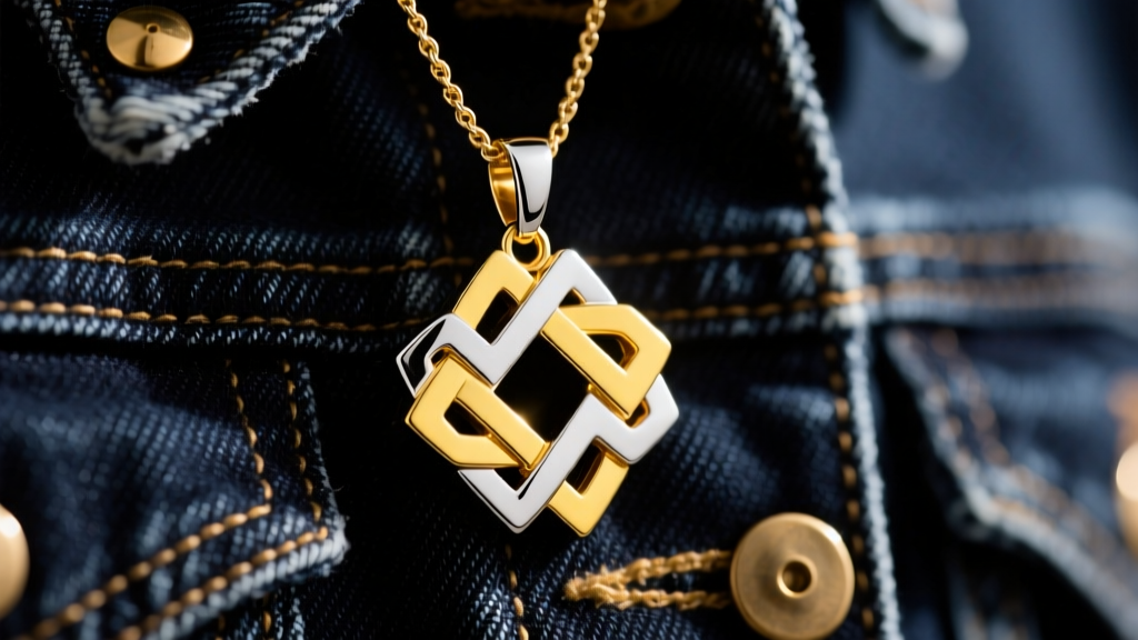 Macro shot of a two-tone interlocking pendant in yellow gold and sterling silver resting on a dark denim jacket with brass rivets.