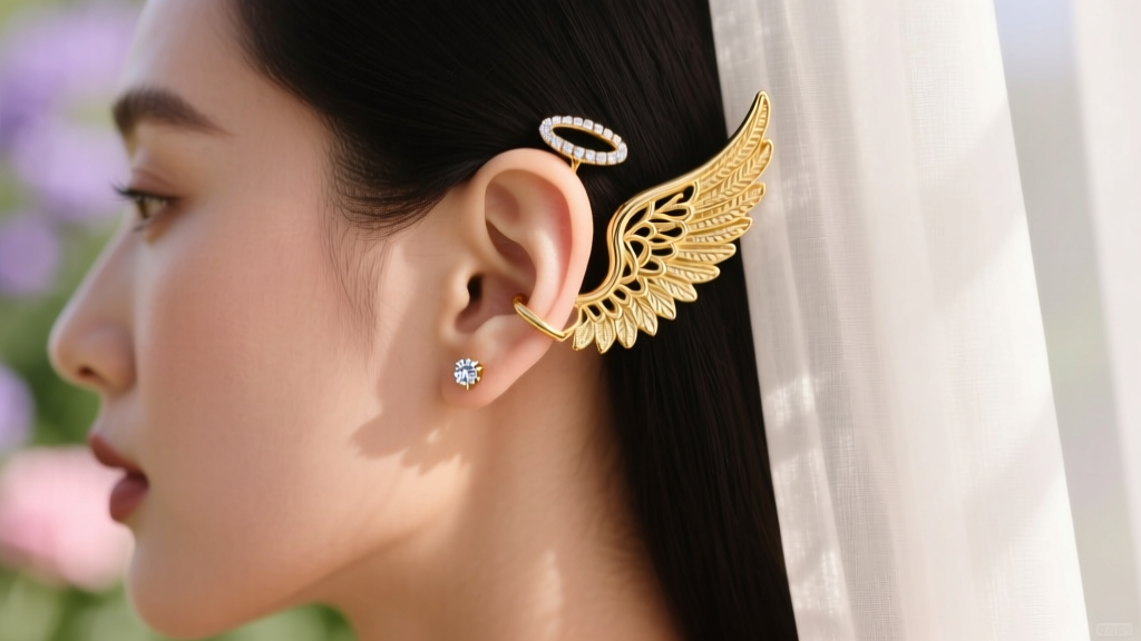 Ear styled with an 18k gold angel wing ear cuff and a tiny diamond halo stud, soft natural lighting, elegant and ethereal mood.