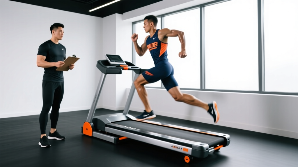 Coach holding a clipboard timing an athlete doing shuttle runs next to a compact foldable motorized treadmill in a box gym