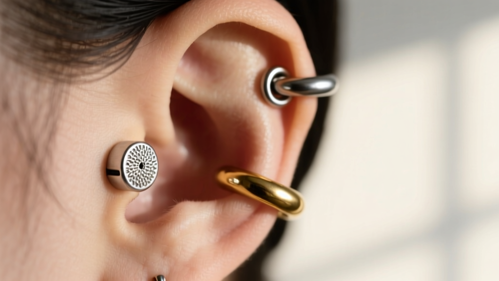 Close-up of an indie ear stack with a textured silver lobe stud, small gold huggie, and delicate 16-gauge titanium helix hoop