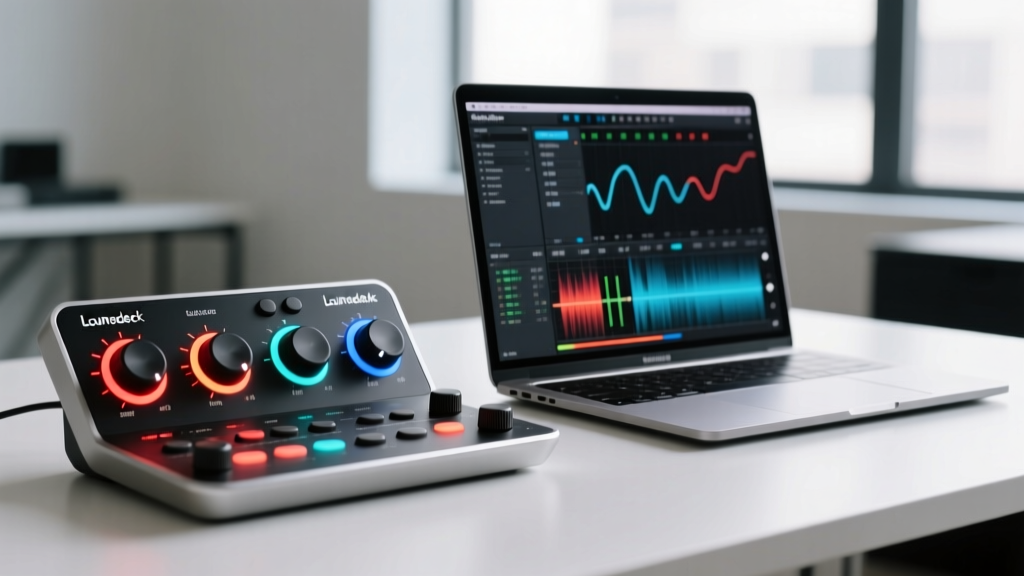 Side profile of a Loupedeck Live console next to a MacBook Pro, showing custom OLED dials mapped to EQ and compression plugins in Logic Pro
