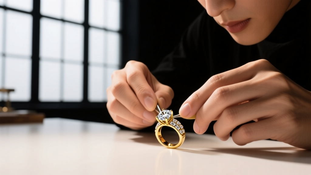 Jeweler's hands using a black testing stone and nitric acid to test a scratch mark on an 18k rose gold vintage engagement ring.