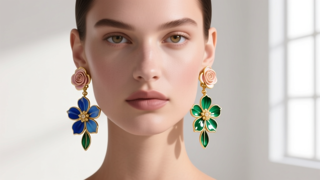 Model wearing intricate gold floral dangle earrings with enamel petals, soft studio lighting highlighting the jawline and neck