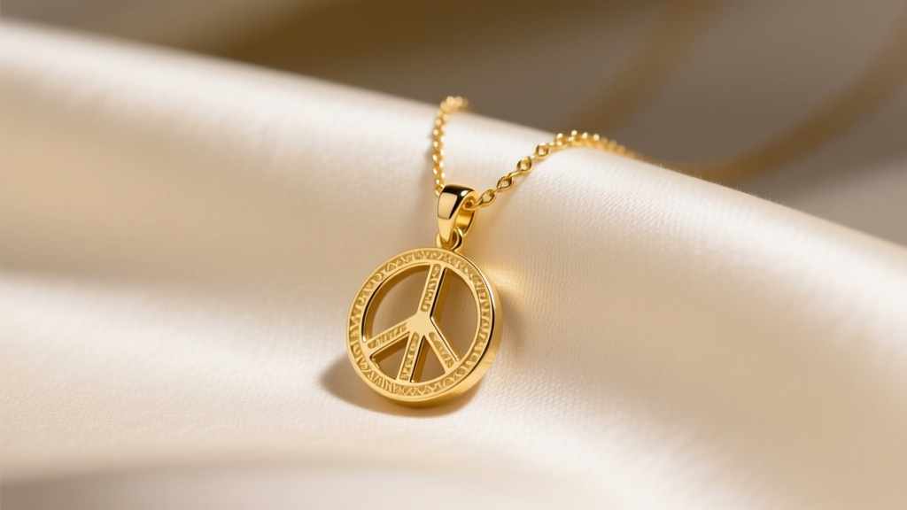 Close-up of a delicate 14k solid yellow gold necklace with peace symbol pendant resting on cream silk fabric, soft studio lighting