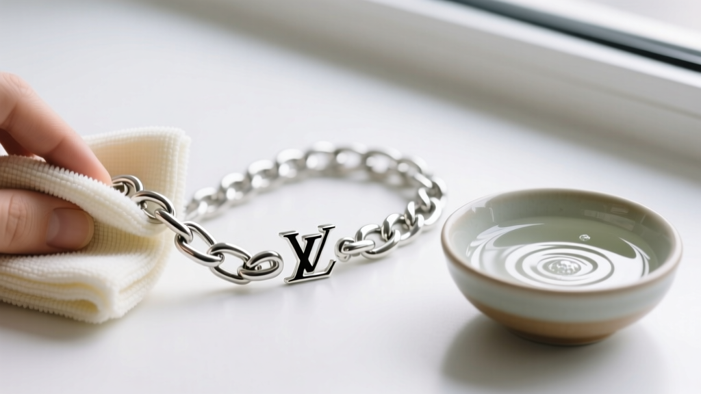 A microfiber polishing cloth gently buffing a Louis Vuitton sterling silver chain link, next to a small bowl of mild soapy water.