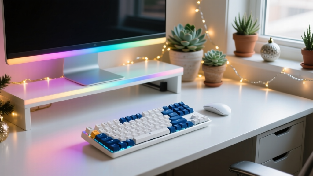 A festive home office desk setup featuring a glowing monitor light bar, a split mechanical keyboard, and subtle holiday lights in the background.