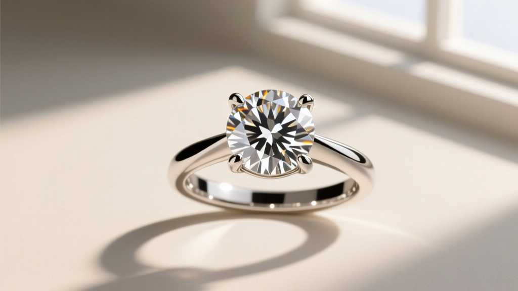 Overhead view of a 4-prong basket setting holding a 5-carat round diamond, showing the wide structural base for heavy support.
