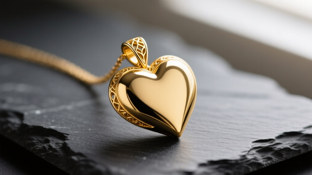 Macro photography of a polished 18k yellow gold heart pendant resting on dark slate, highlighting the intricate top cleft detail.