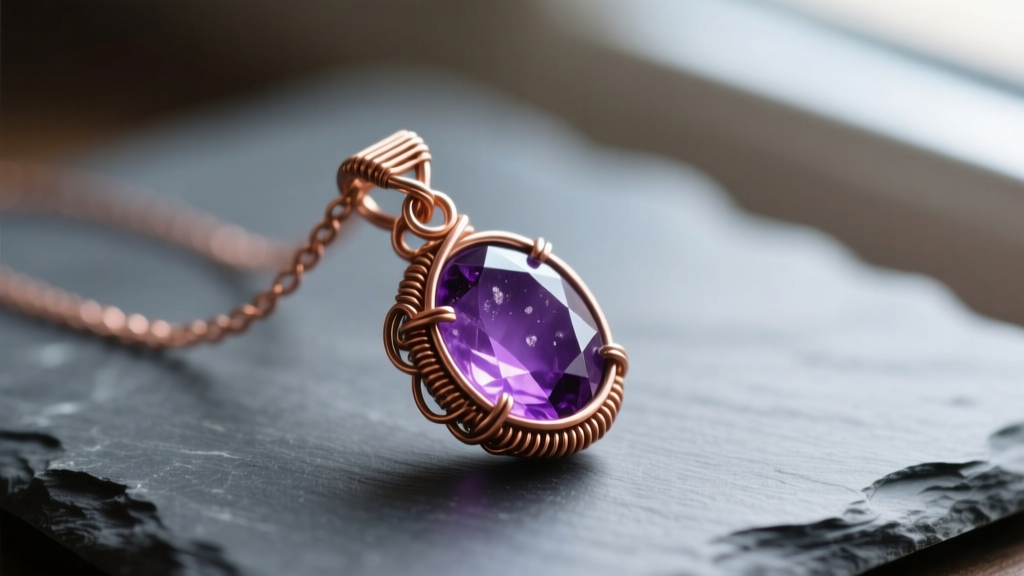 Finished wire-wrapped amethyst pendant with a 20-gauge copper woven bail, resting on dark slate with soft natural window light.
