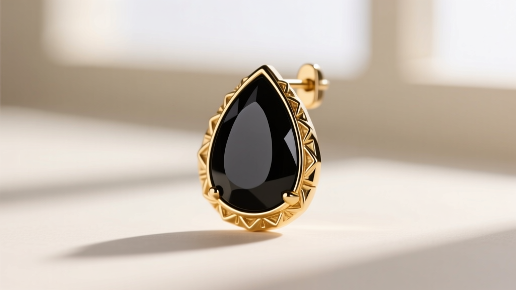Macro close-up of a black onyx Kate Spade spade earring showing the gold bezel setting and polished stone surface reflection