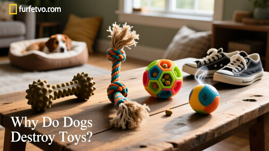 Assortment of durable dog toys from furpetvo.com: a rubber chew toy, a rope tug, a treat-dispensing puzzle, and a scent-infused ball