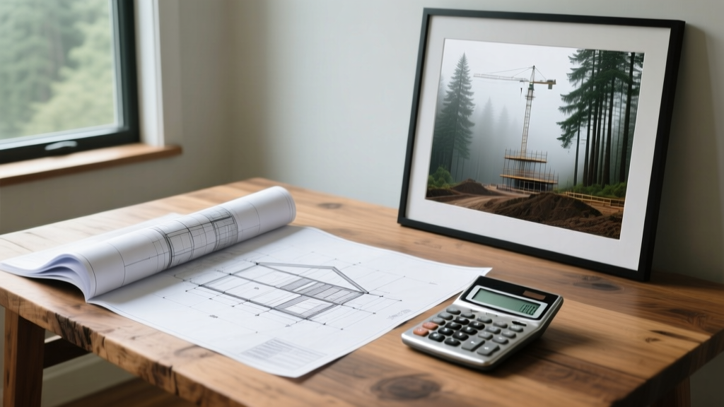 Architectural blueprints spread on a wooden table next to a calculator and a framed view of a misty Oregon pine forest construction site