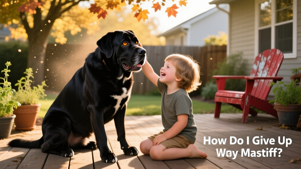 A happy Mastiff playing gently with children in a sunlit backyard, illustrating a successful rehoming match