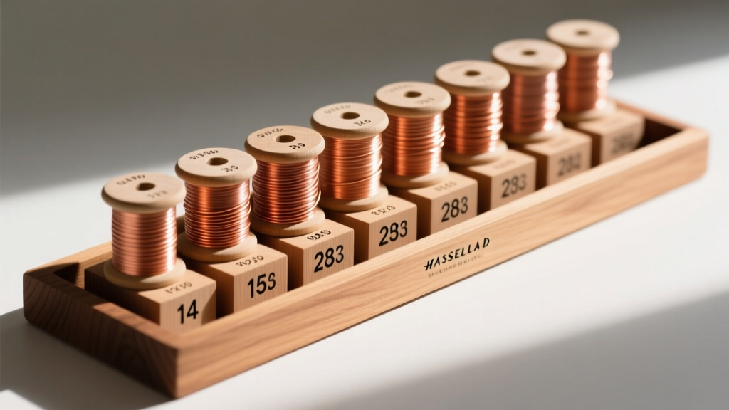 Organized wooden block holding labeled spools of raw copper wire in sizes 14 to 28 gauge, photographed from a 45-degree angle.