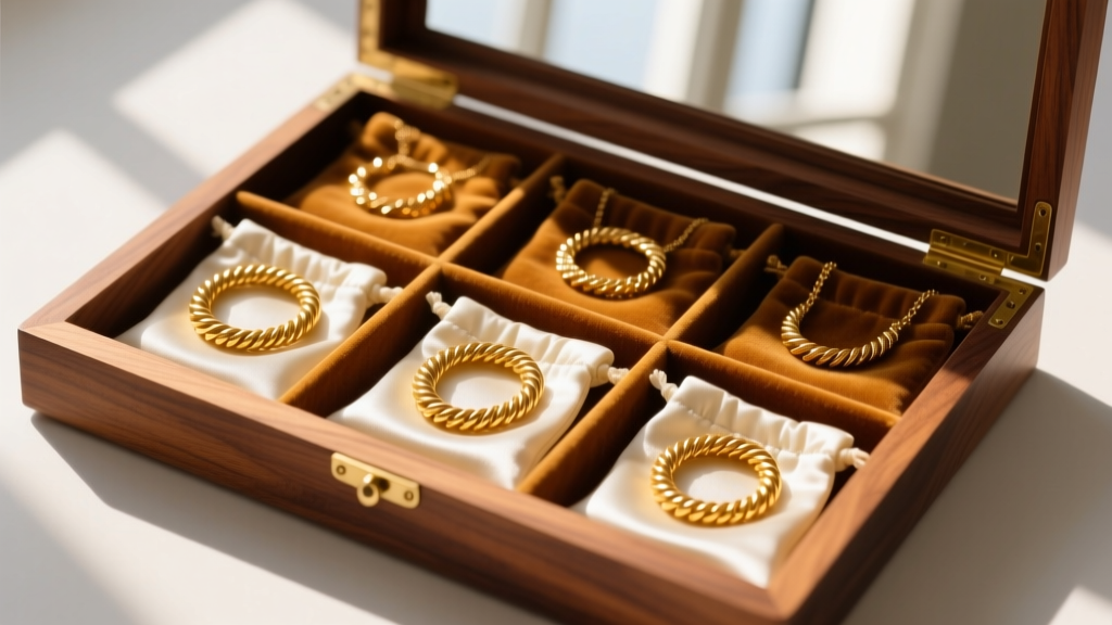 Flat lay of coiled gold necklaces stored individually in anti-tarnish velvet pouches inside a cedar-lined wooden jewelry box