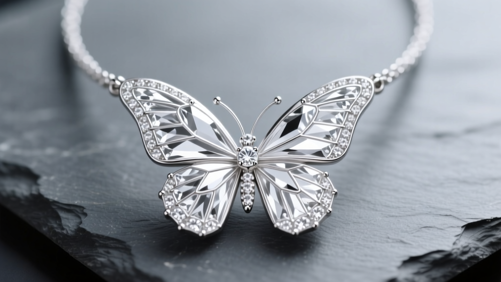 Macro view of a platinum white butterfly necklace with diamond wings on slate, showing its bright natural white metal luster.