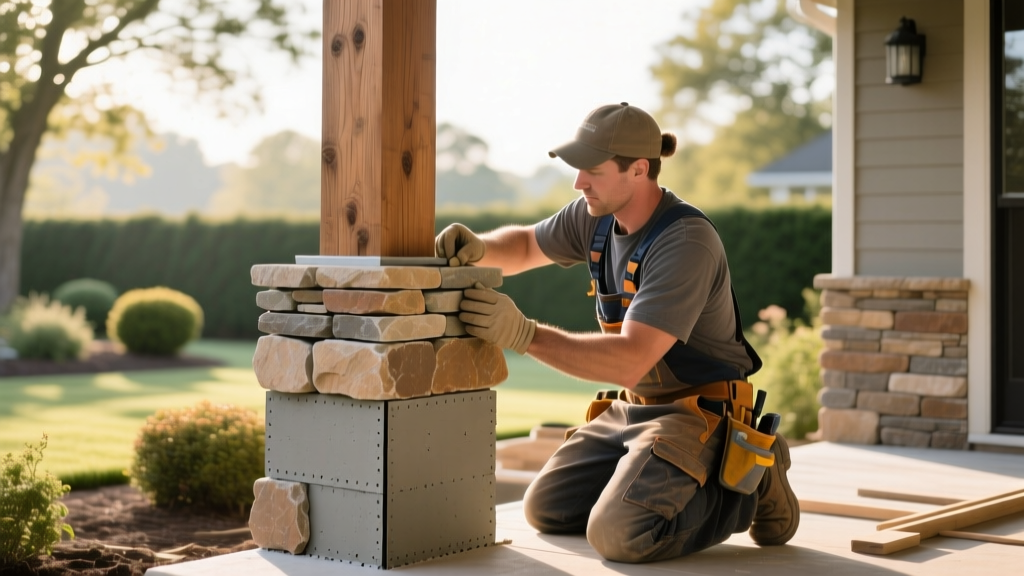 Craftsman installing manufactured stacked stone veneer around a structural wooden porch post with cement board substrate outdoors.