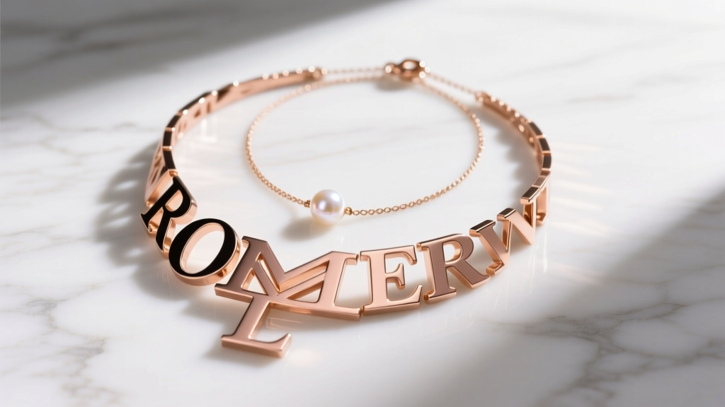 Flat lay of a layered big letter necklace in rose gold, paired with a 1mm satellite chain and a freshwater pearl choker on marble.