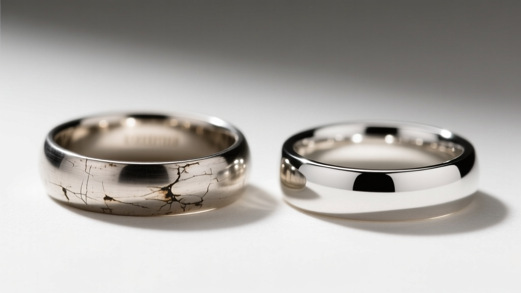 Close-up of a scratched platinum band with patina beside a polished 18k white gold ring featuring a bright, fresh rhodium finish.