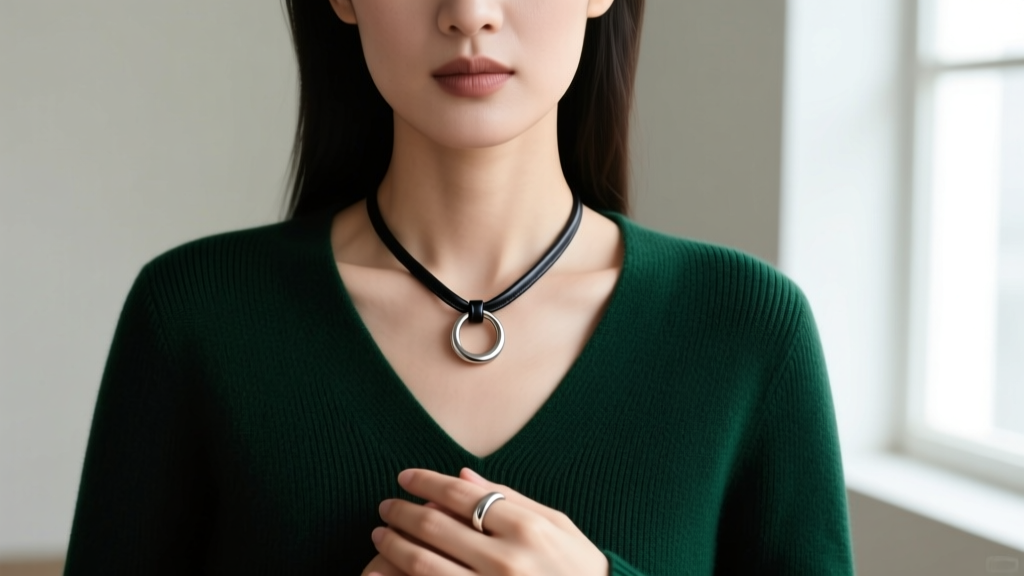 Woman wearing a finger necklace with a plain titanium wedding band on a black leather cord over a dark green V-neck sweater