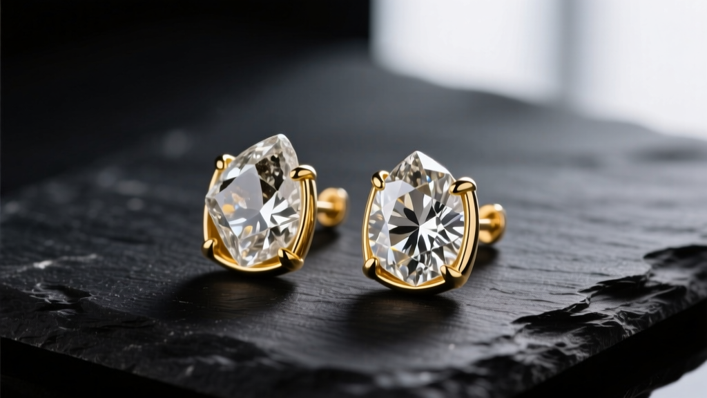 Close-up of raw, unpolished diamond nugget earrings in 14k yellow gold bezels on dark slate with soft moody lighting.