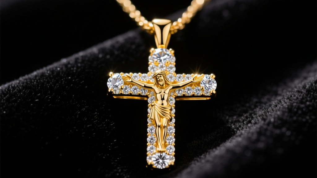 Close-up of 18k yellow gold Jesus piece pendant fully iced with VVS diamonds resting on dark velvet under dramatic studio lighting.