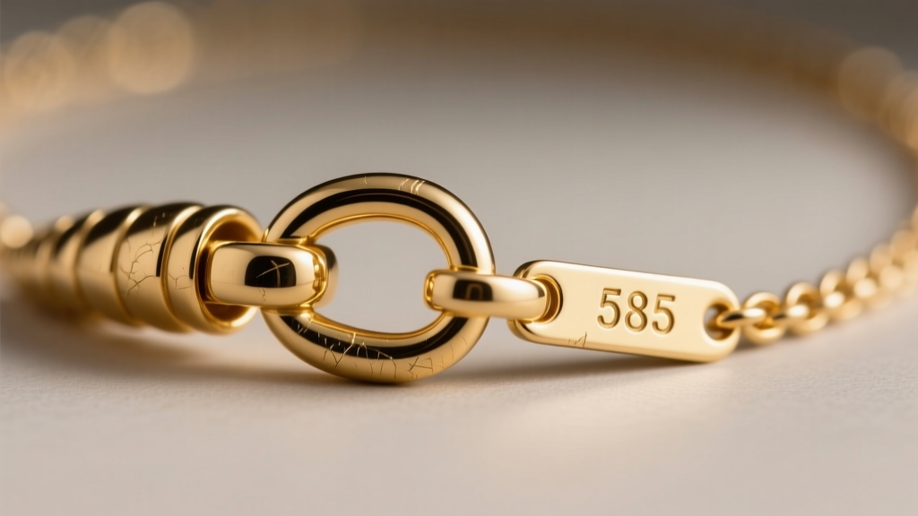 Extreme close-up of a 14k gold necklace lobster clasp, focusing on the tiny 585 hallmark stamped on the small metal tag nearby.