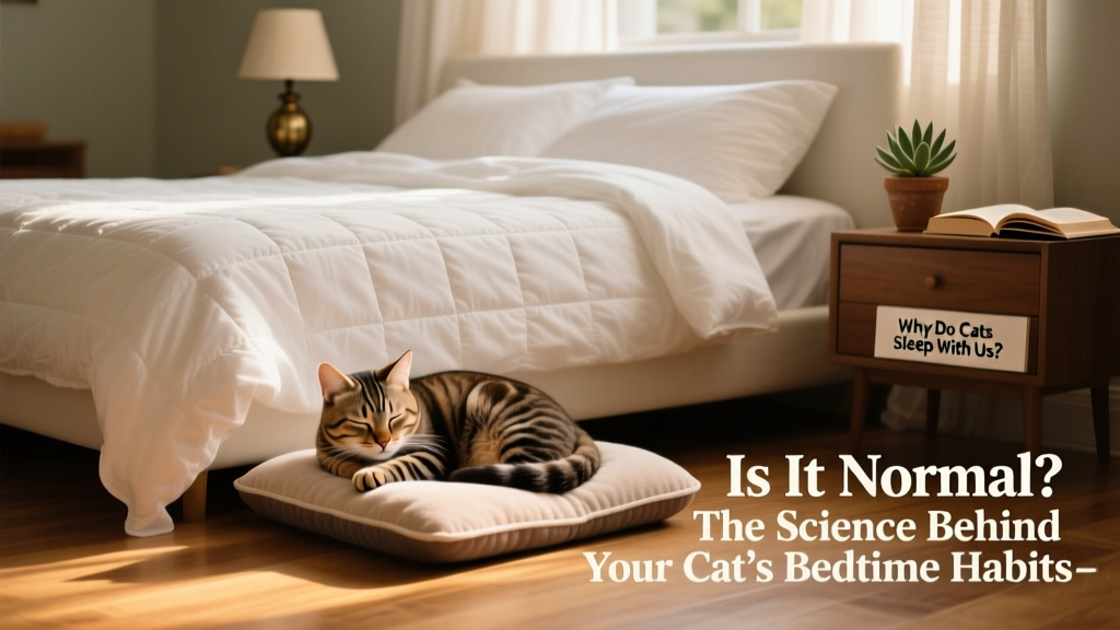 A cat nestled comfortably on a heated pet pad placed at the foot of a neatly made bed