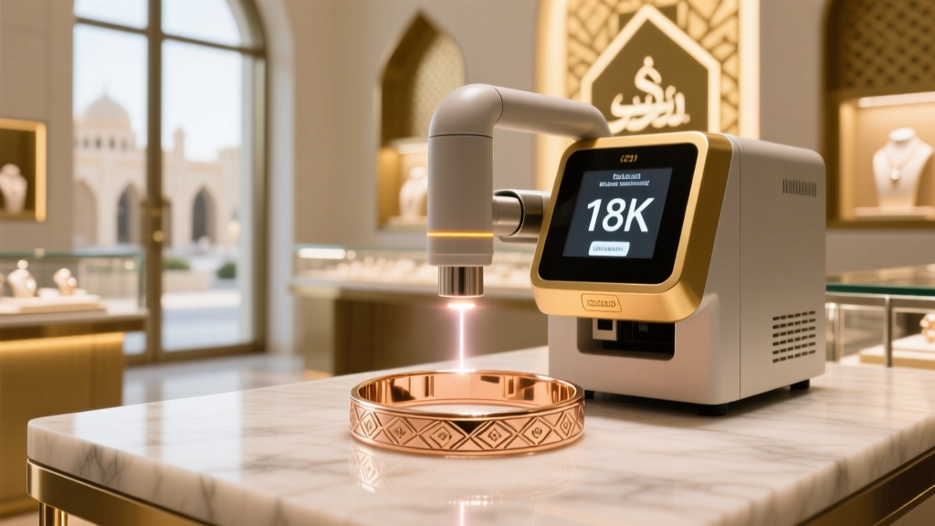 Close-up of a digital gold purity testing machine verifying an 18k rose gold bracelet at a modern Dubai jewelry franchise counter