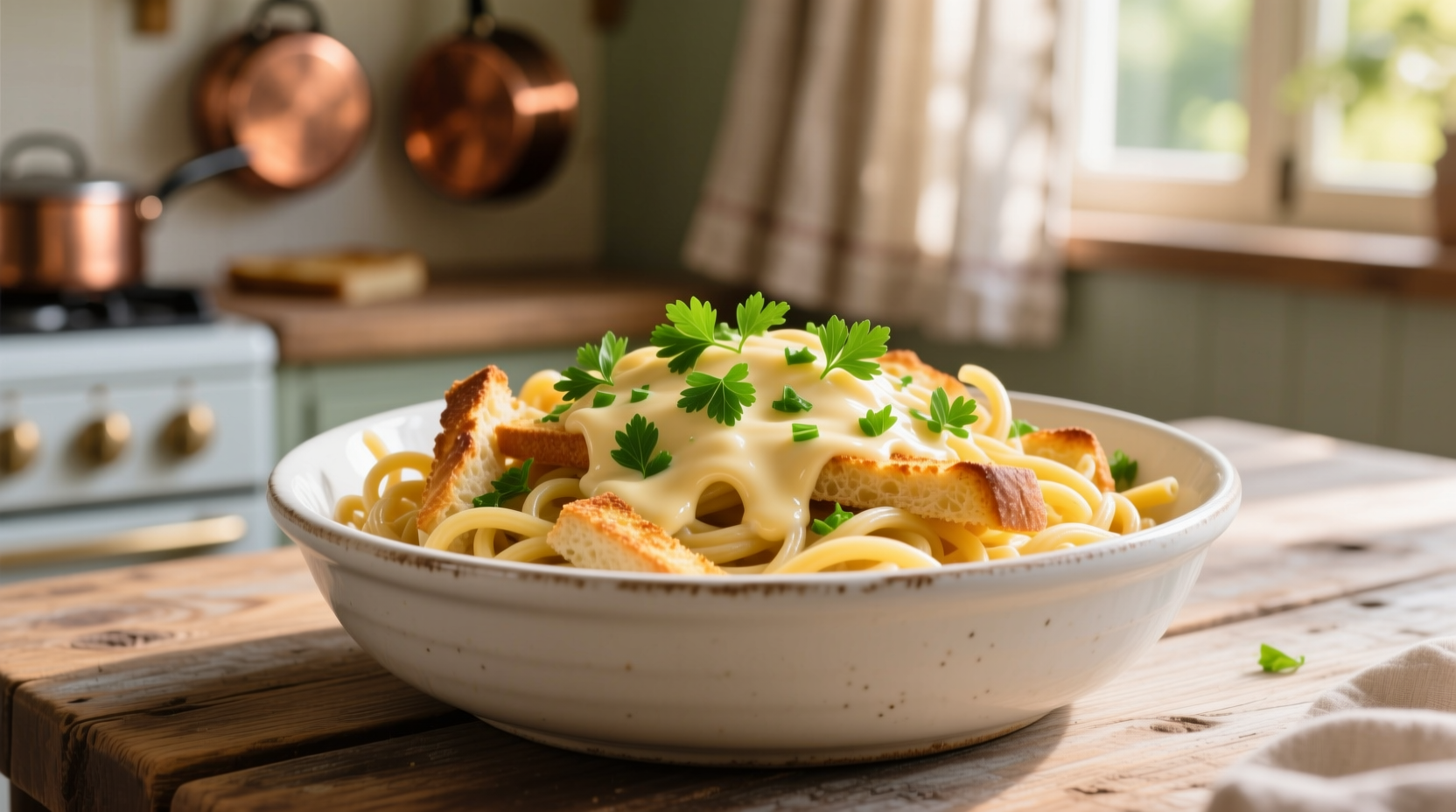Homemade garlic bread pasta in white bowl with fresh parsley