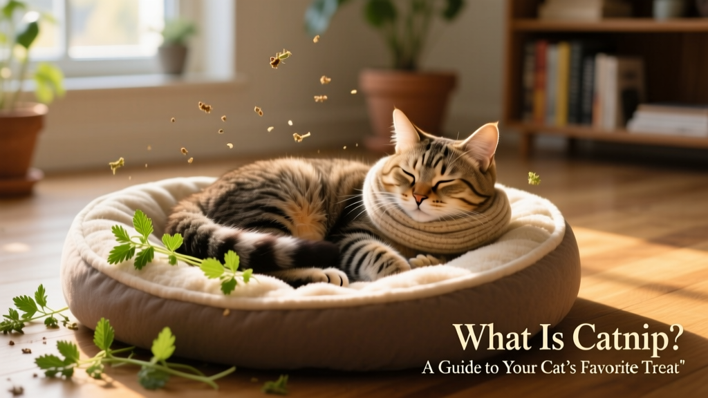 A relaxed cat curled up on a catnip-sprayed bed, eyes half-closed and tail wrapped around paws