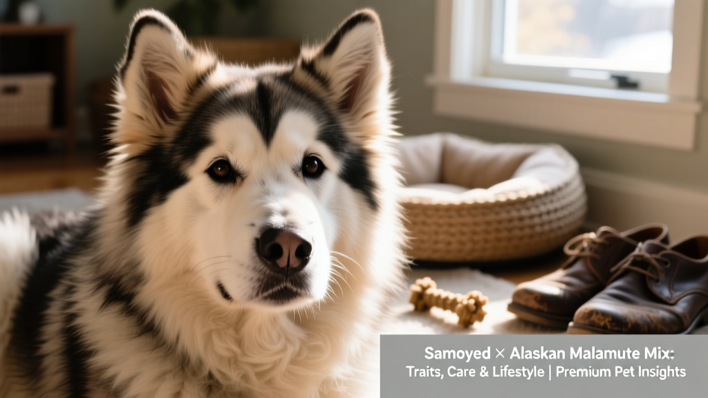 A close-up portrait of a mature Samoyed-Alaskan Malamute mix gazing lovingly at the camera, highlighting its expressive dark eyes and fluffy ruff