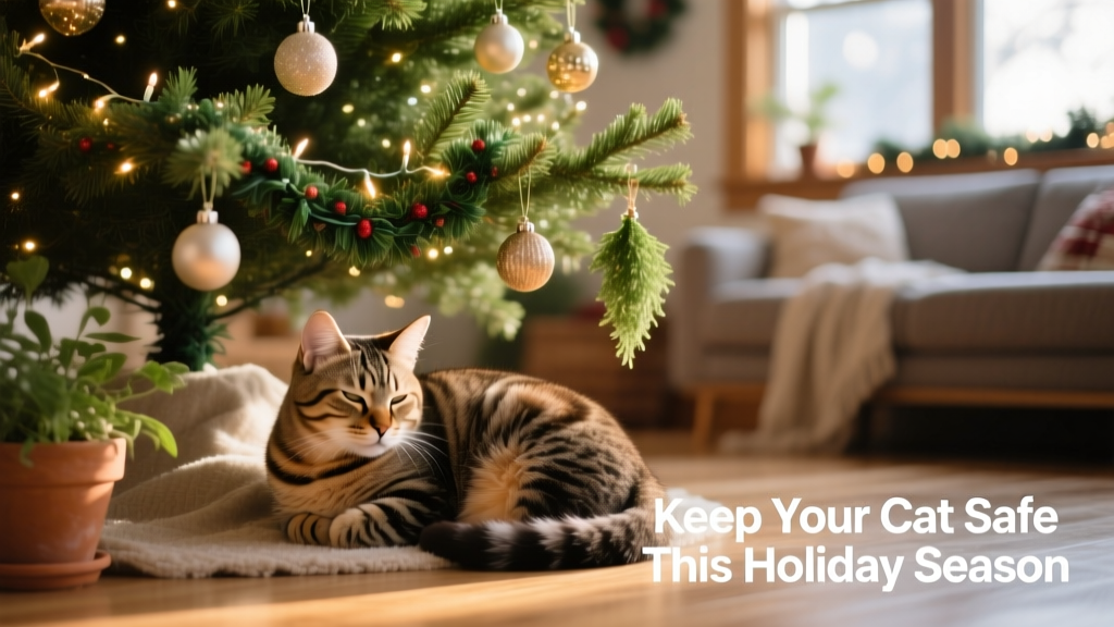 A tabby cat curled up peacefully underneath a fully decorated Christmas tree, surrounded by safe, low-hanging greenery