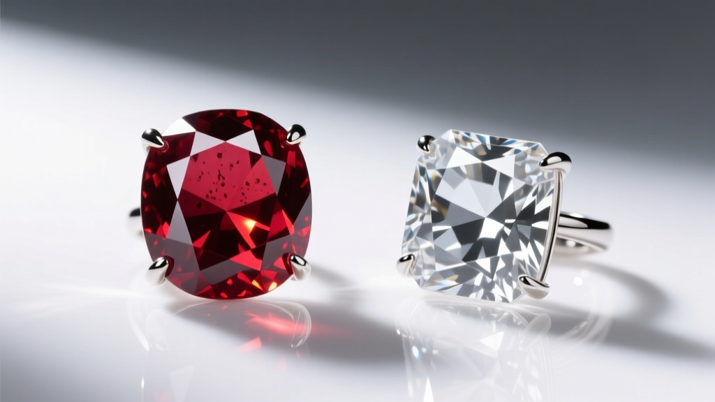 Side-by-side gemological comparison of a natural Burmese ruby and synthetic red cubic zirconia under specialized jewelry lighting.