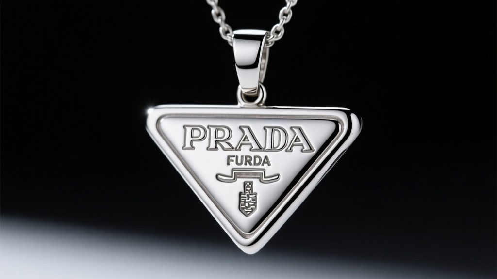 Macro shot of a silver Prada triangle pendant showing precise logo font kerning and smooth enamel finish against a dark backdrop