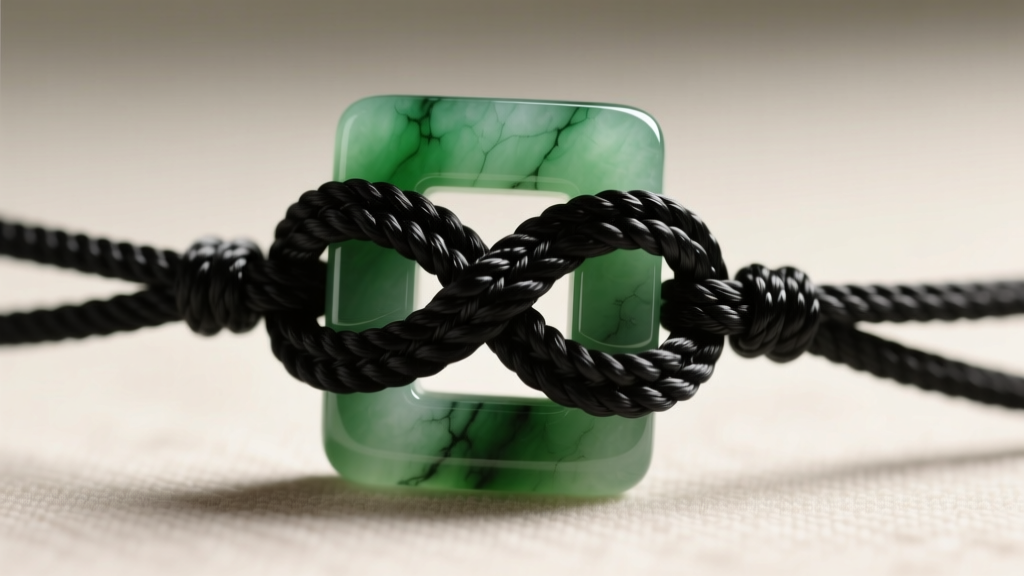 Macro shot of a secure sliding square macramé knot made of 1.5mm black nylon cord, tightly securing a heavy jade pendant bail