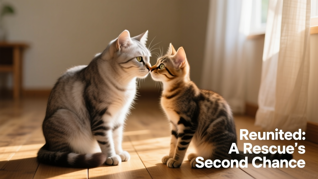 Two cats sitting nose-to-nose in soft afternoon light, one older with gentle eyes, the other younger and alert